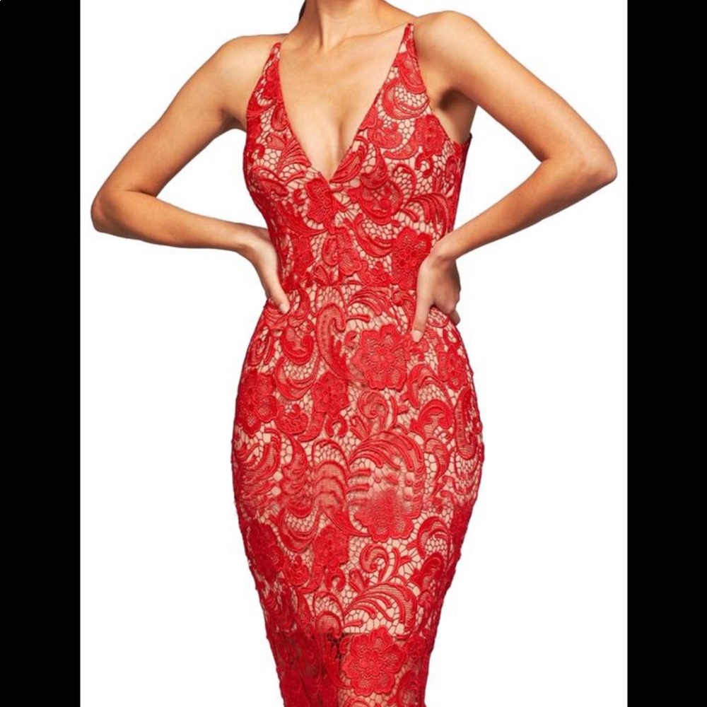 Dress the population red lace midi dress small